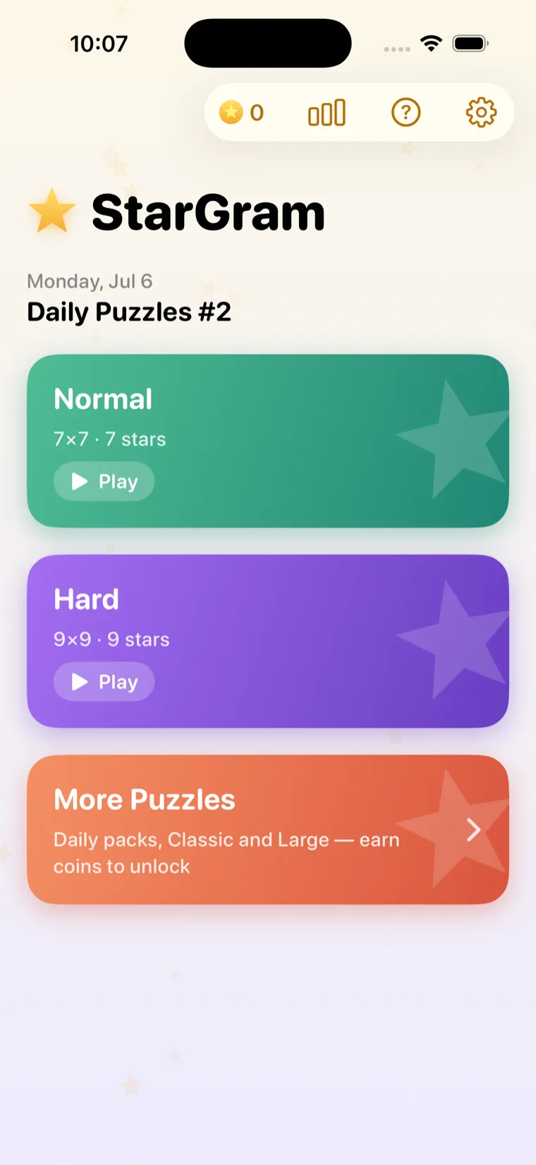 Star Battle home screen showing the daily Normal and Hard puzzles