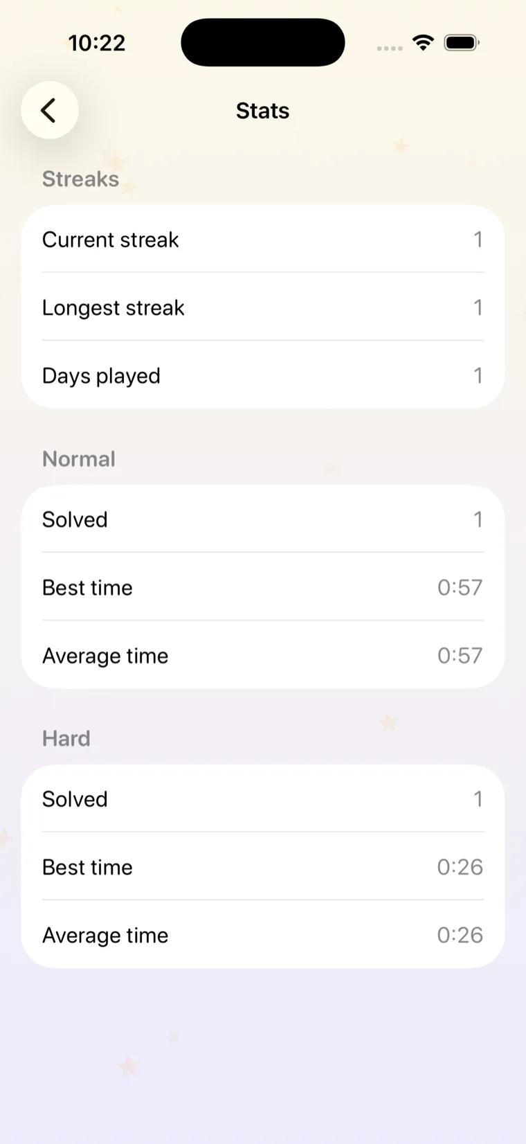 Star Battle stats screen showing streaks and best times